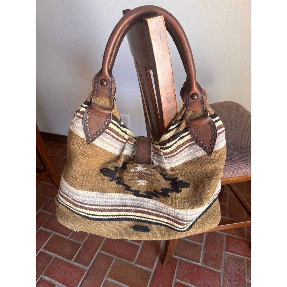 STS Ranchwear Womens Serape Woven Wool Leather Trim Hobo Bag Brown Southwestern